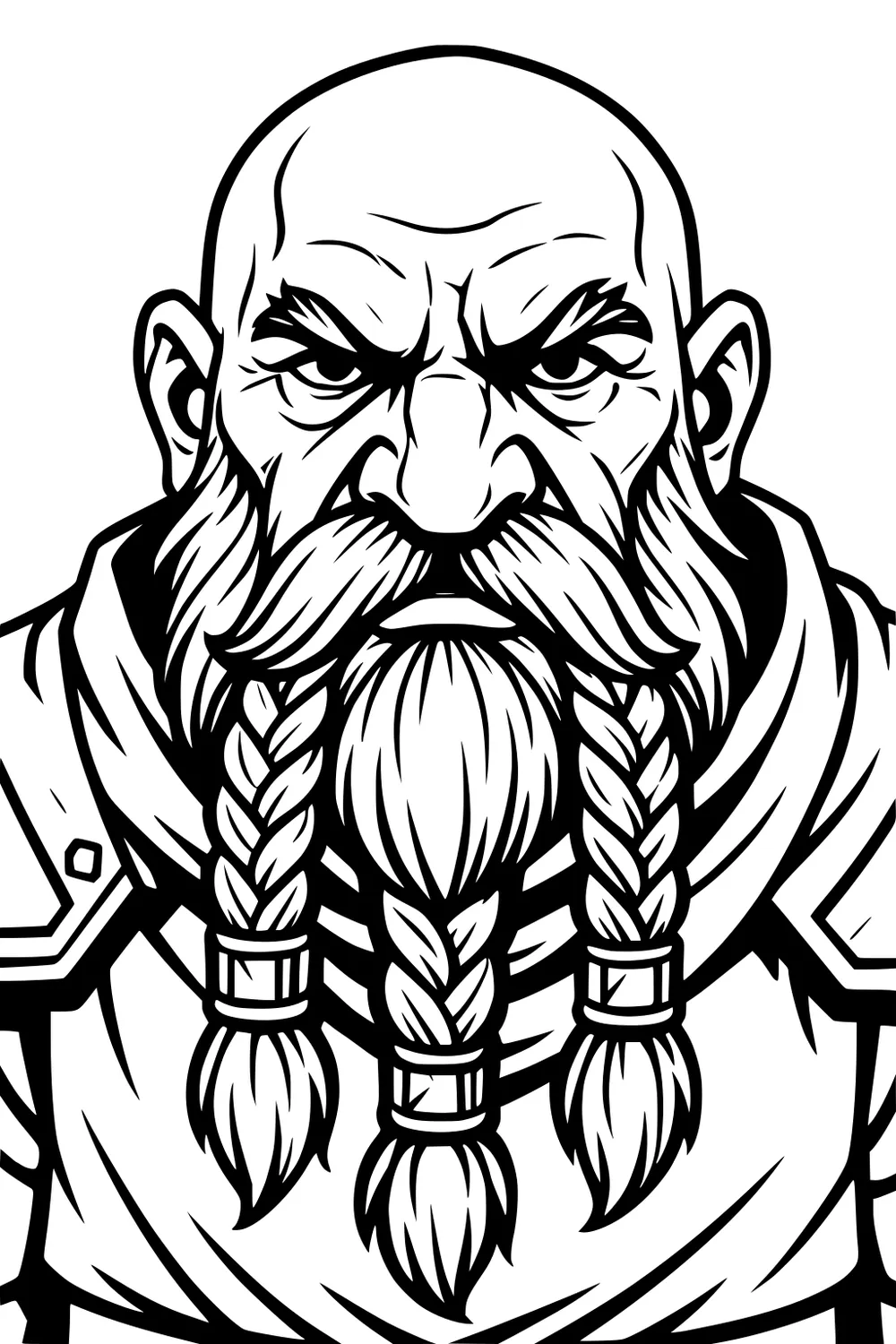 Stern bald dwarf with braided beard and mustache, portrait with shoulder armor and cloak, bold black-and-white line art.