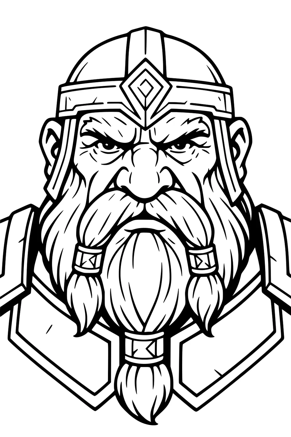 Portrait of a dwarf warrior with helmet, stern eyes, long three-braid beard and shoulder armor, black outline line art.