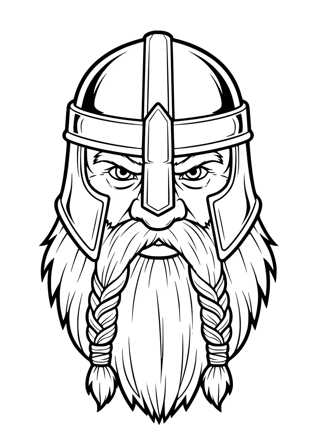 Dwarf man with helmet and stern eyes, long mustache, and two braided beard strands in bold black-and-white line art.