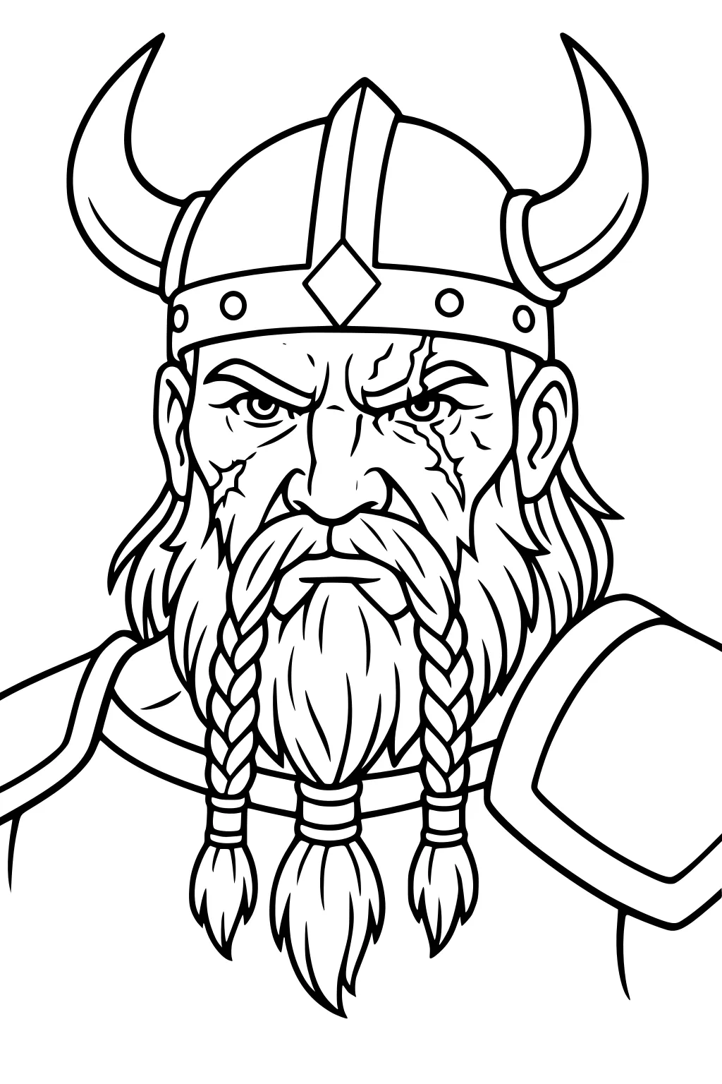 Stern dwarf warrior portrait with horned helmet, braided beard, facial scars, and shoulder armor in black-and-white line art.