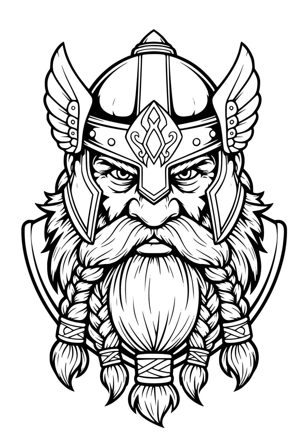 Dwarf man with winged helmet, braided beard, mustache, and shoulder plates in detailed black-and-white line art.