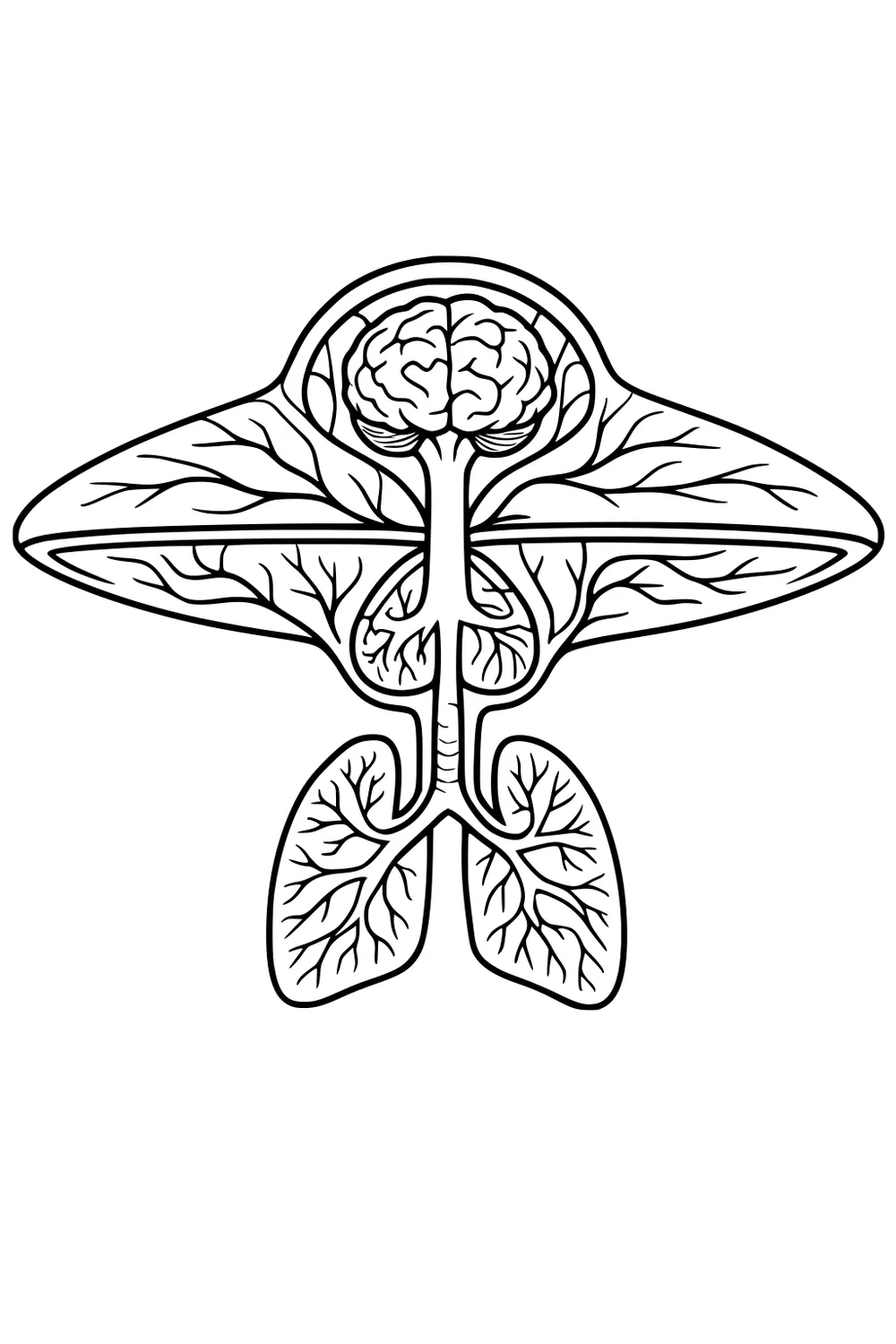 Saucer UFO line art with brain under a dome, vein-like patterns on wings, and lungs hanging below on a central stem.