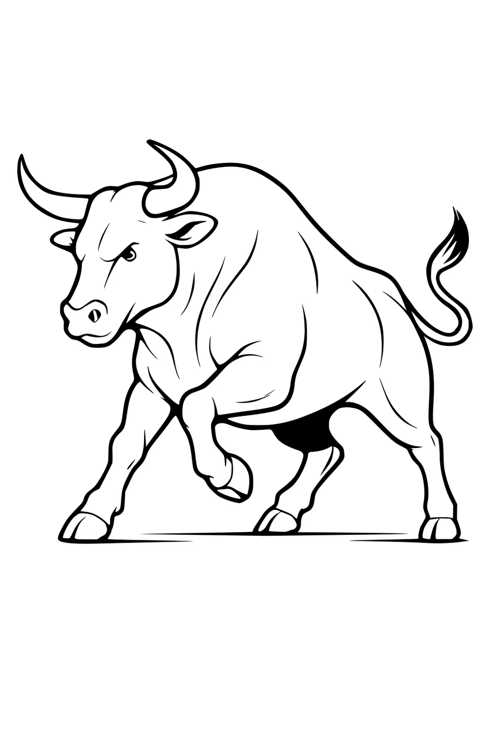 Muscular bull with big horns, one front leg raised and tail curled up, standing confidently.