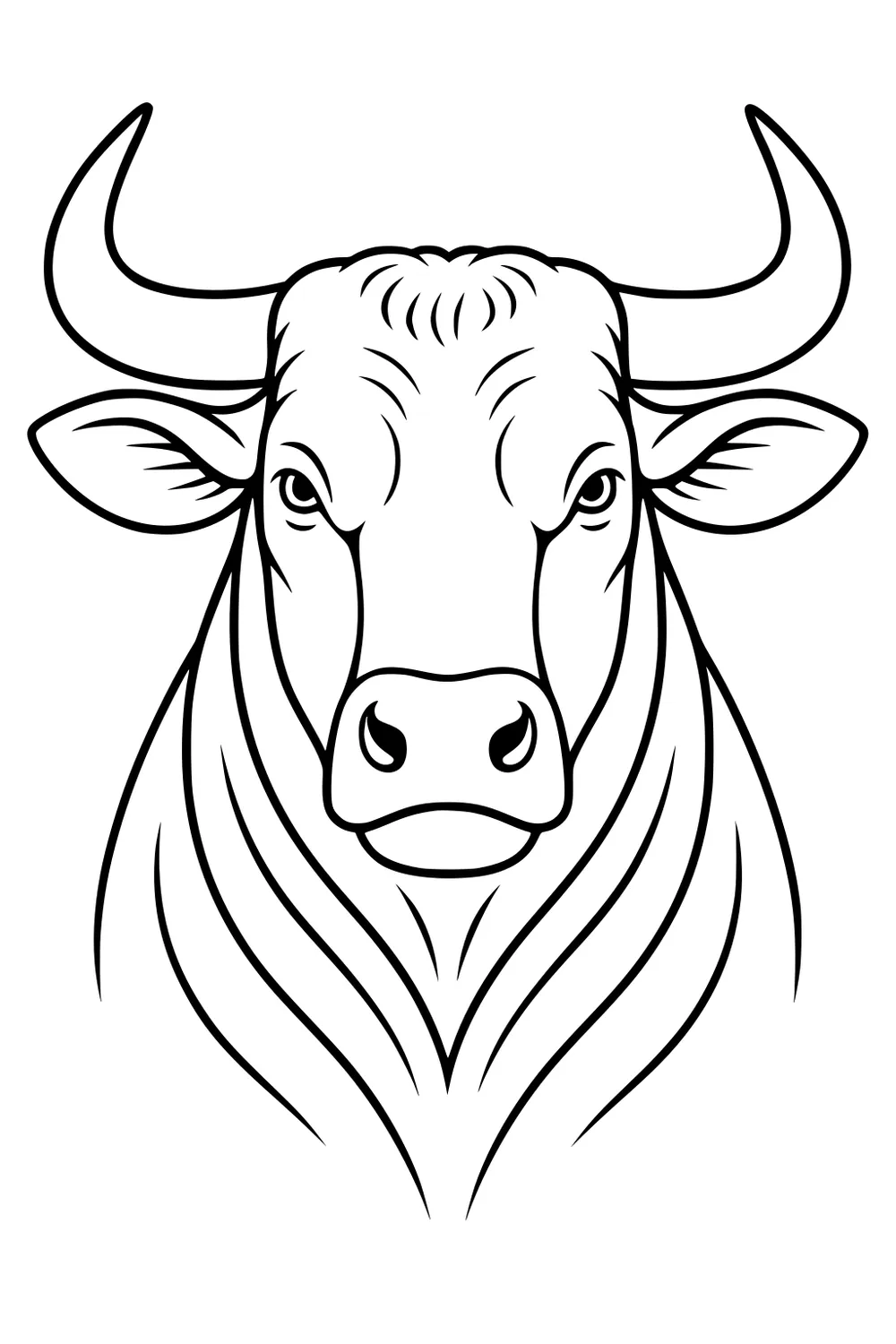 Bull face with large horns, two ears, wide nose, and curved neck lines drawn in black outline.
