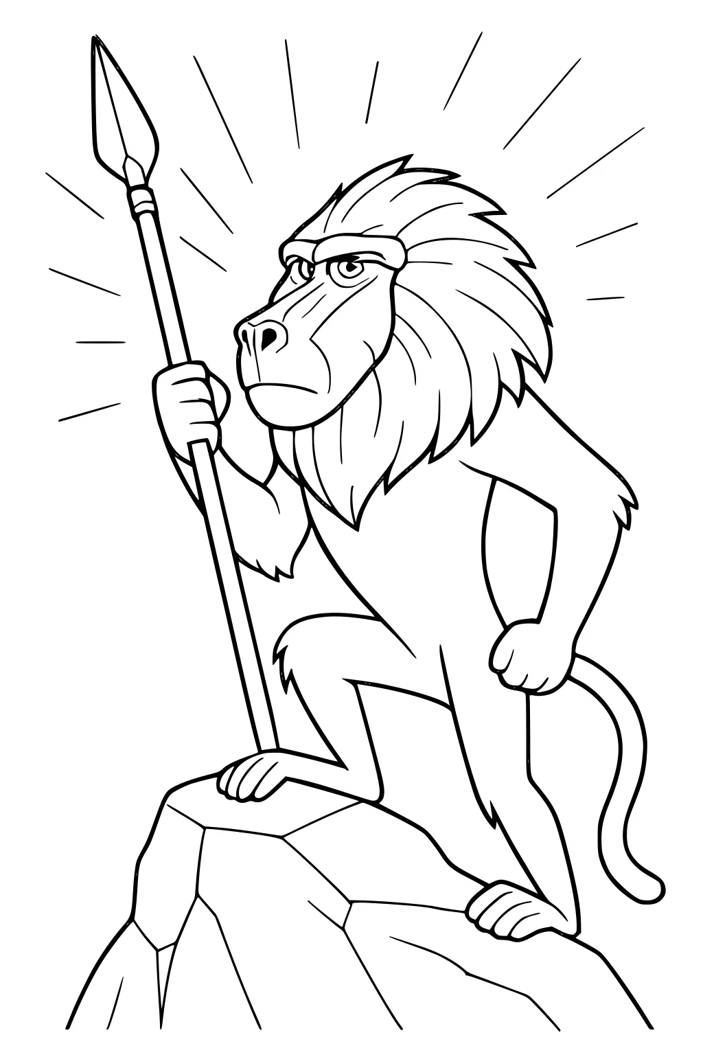 Cartoon baboon with a spiky mane stands on a rock holding a spear, with lines radiating from his head.