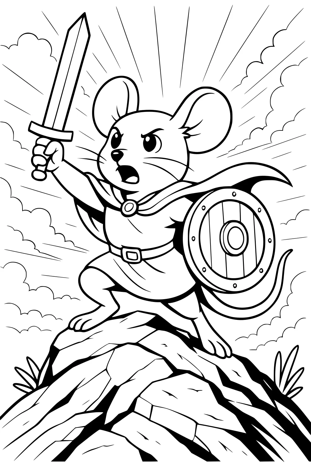 Mouse knight with sword and shield standing on rocks, cape flowing, with clouds and rays in the background.