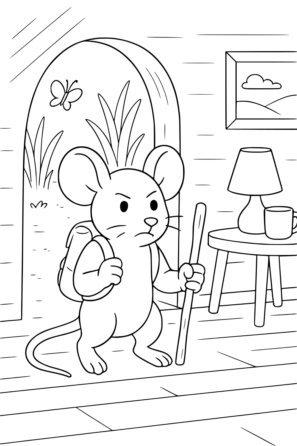 Mouse with backpack and stick stands in doorway. Lamp and mug sit on table, grass and butterfly outside.