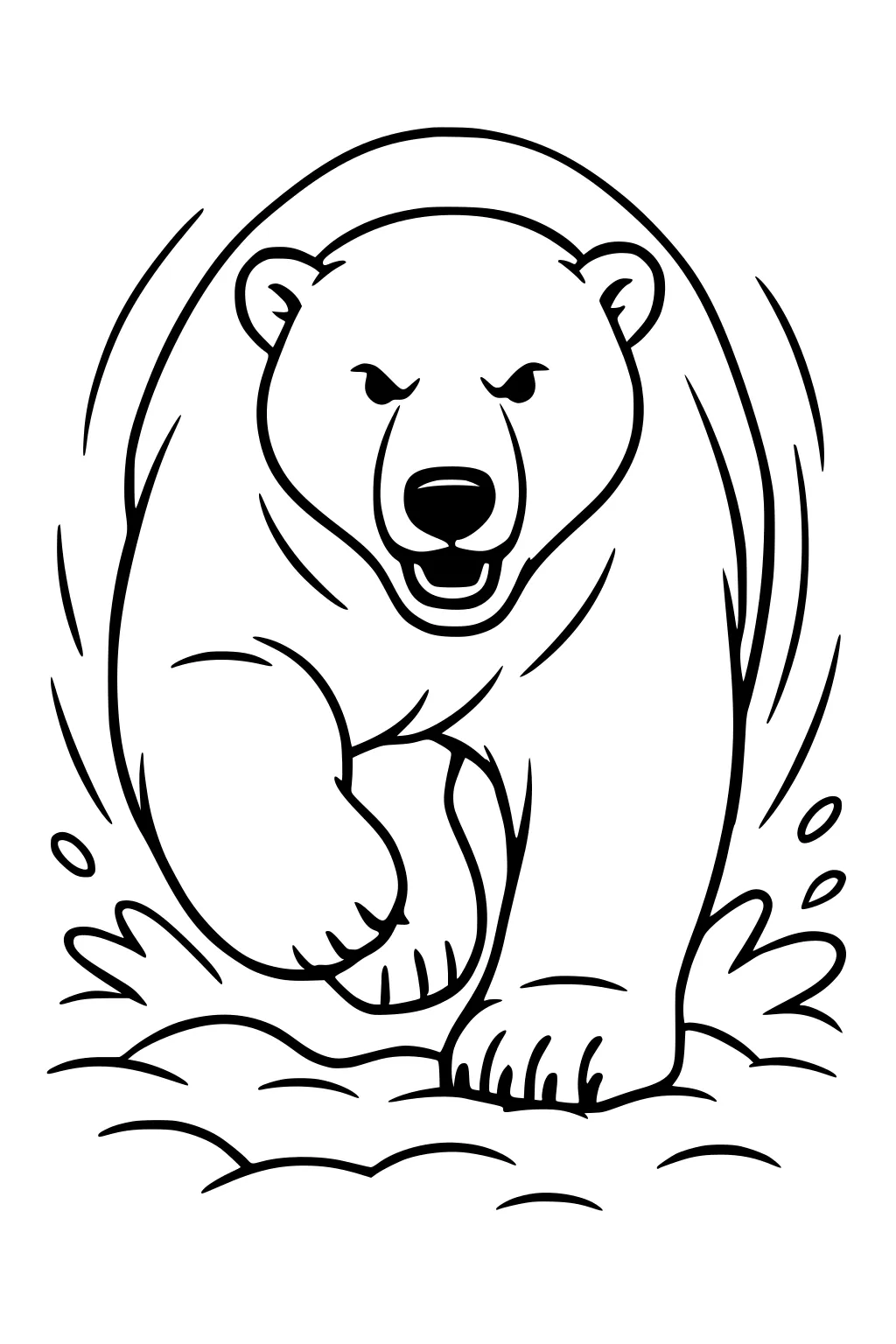 Polar bear running toward the front, with splashing snow, big paws, rounded ears, and a focused face.