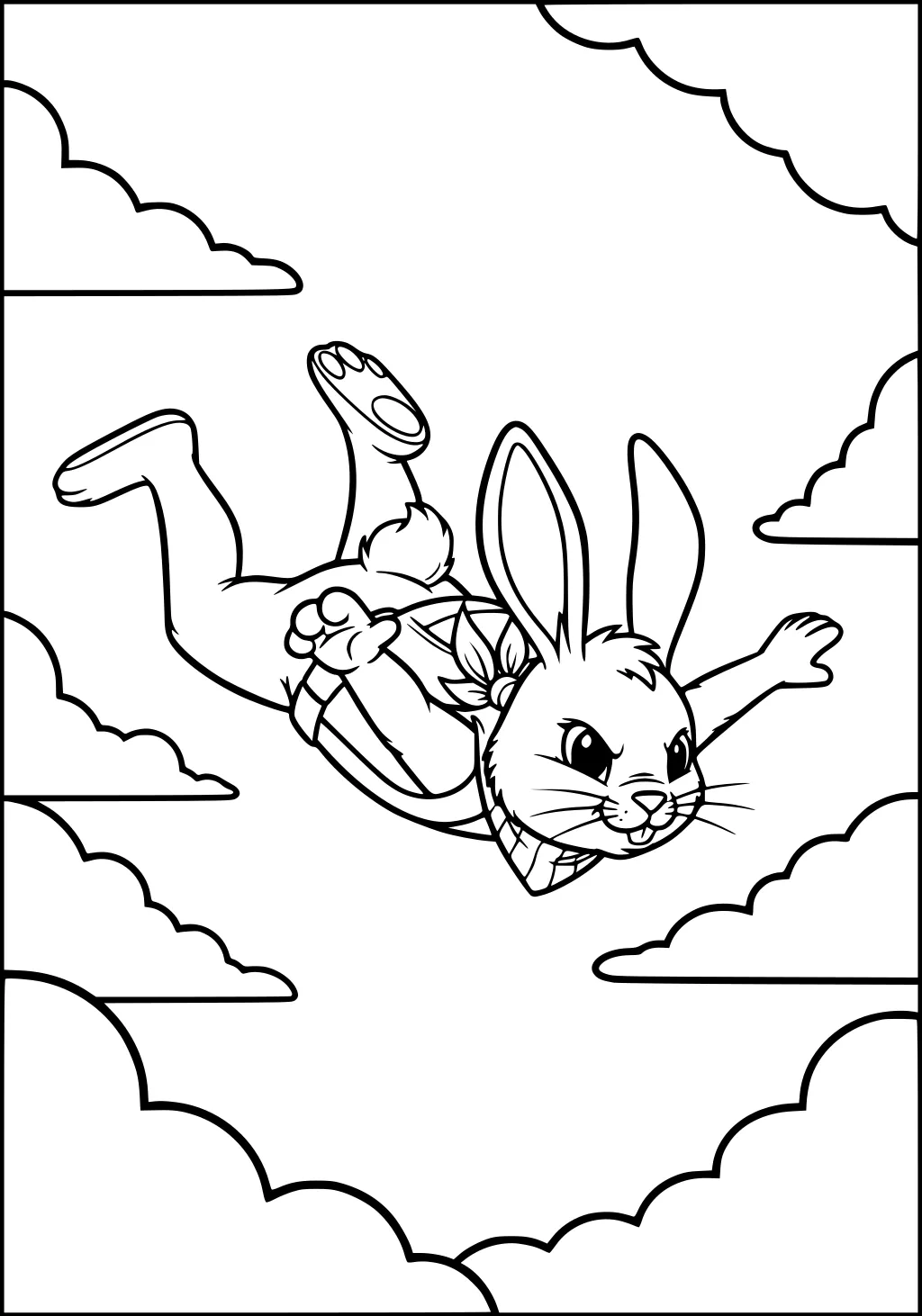Rabbit wearing a harness and bandana, skydiving among puffy clouds with ears and limbs stretched out.