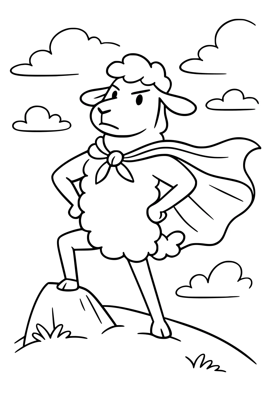 Sheep with a cape stands on a hill, one hoof on a rock, clouds in the sky behind him and grass on the ground.