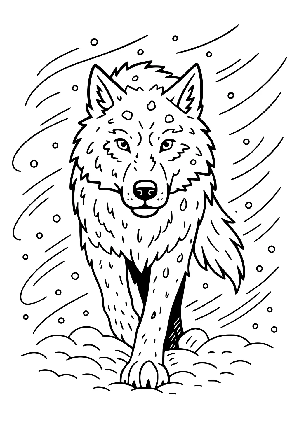 Wolf walking forward in falling snow with raised paw, fluffy fur, alert ears, and swirling wind lines around him.