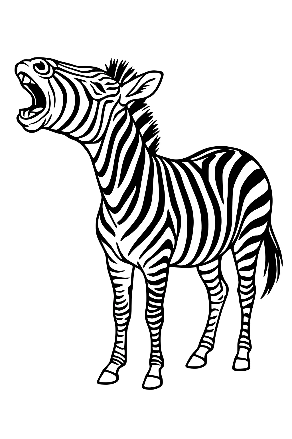 Side view zebra braying, mouth wide open, bold stripes, bristly mane, tufted tail, ears up, sturdy legs, plain white background.