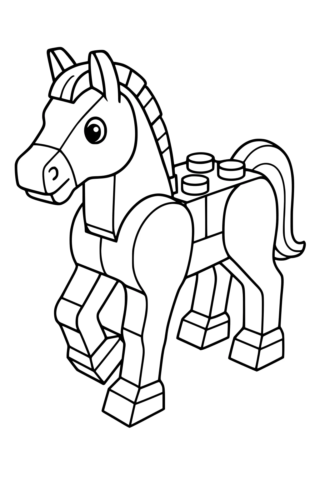 Horse made of building blocks with raised leg, smooth mane, connector studs, large circular eyes, and curled tail.