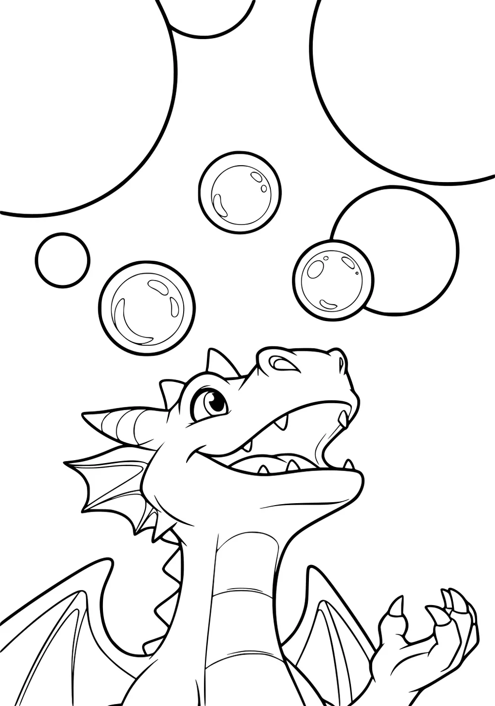 Baby dragon smiles up at bubbles, wings open, little horns and frills, striped belly, one claw raised, large circles above.