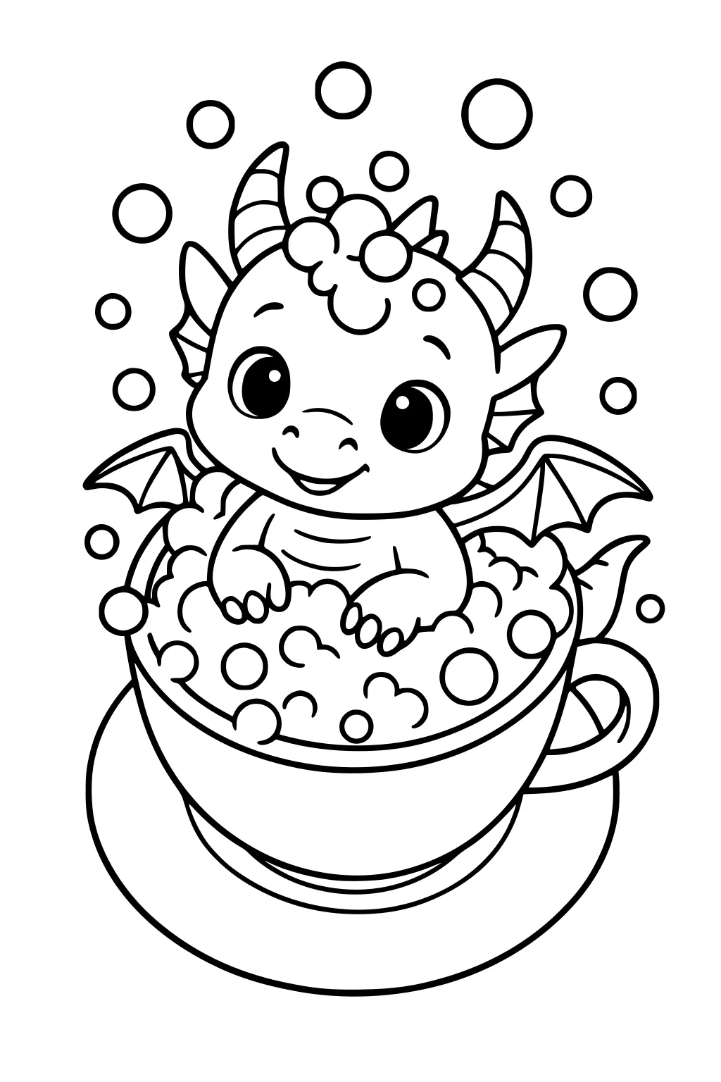 Smiling baby dragon with horns and wings in a bubble-filled teacup on a saucer, bubbles floating around.