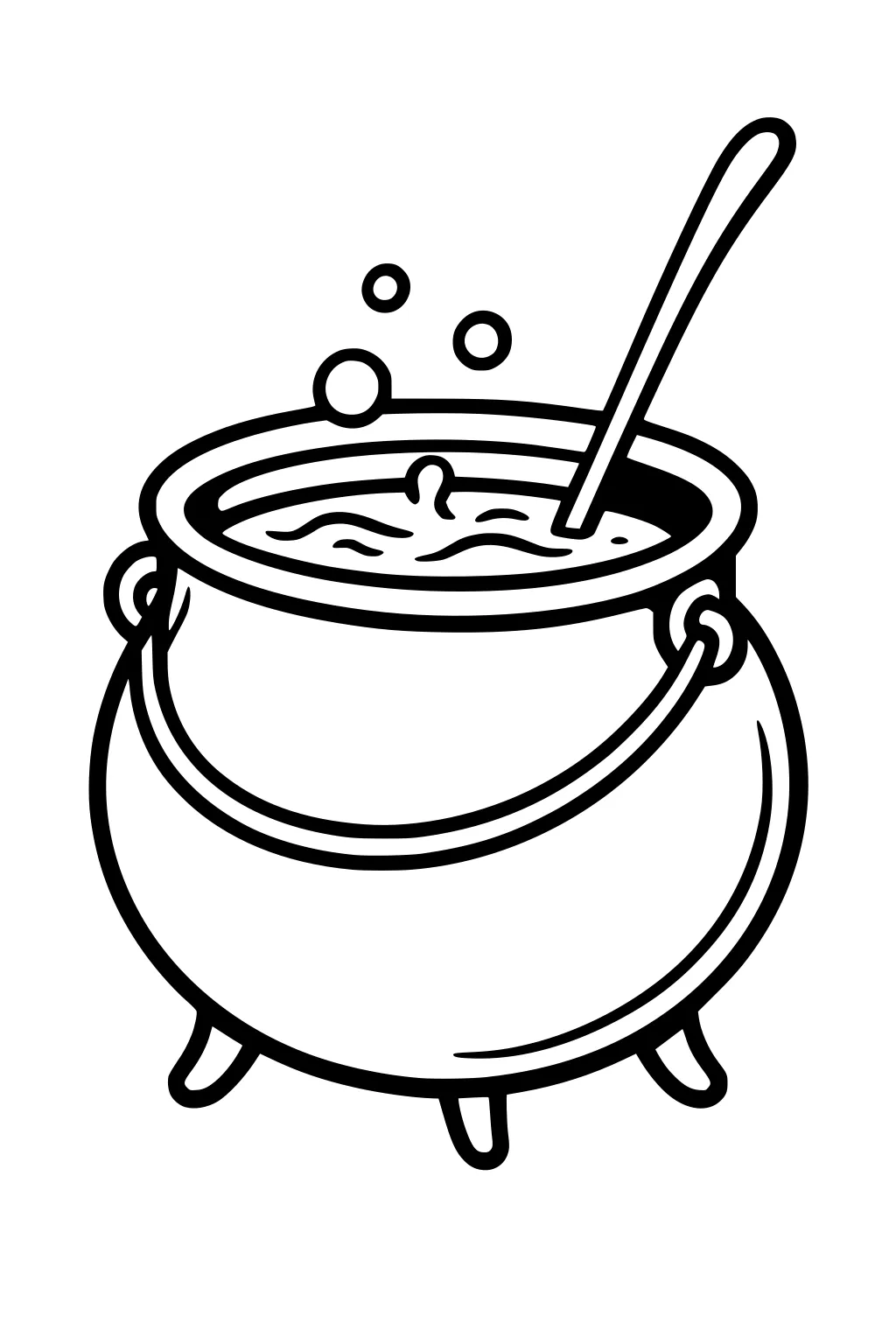 Black-outline Halloween cauldron on three legs with ring handles, bubbling potion inside and a long spoon resting in the pot.