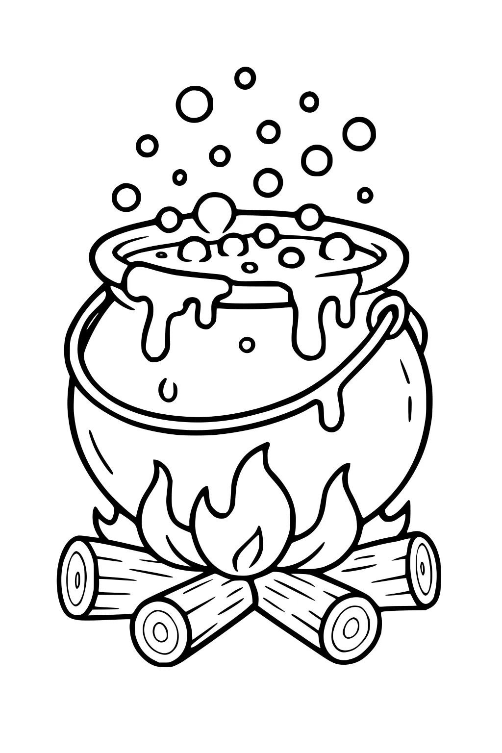 Bubbling cauldron with dripping potion over log fire, flames rising and round bubbles floating upward in a Halloween witch scene.
