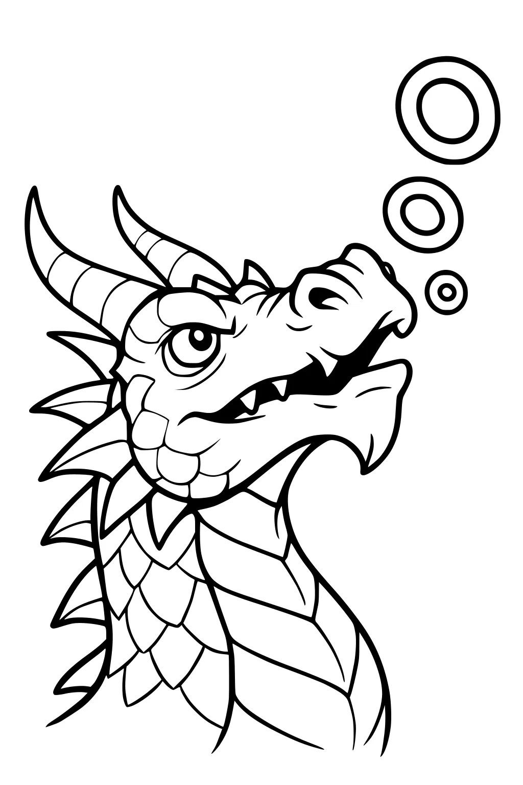 Cartoon dragon head with horns and scales, mouth open with a small fang, looking up at three floating bubbles.