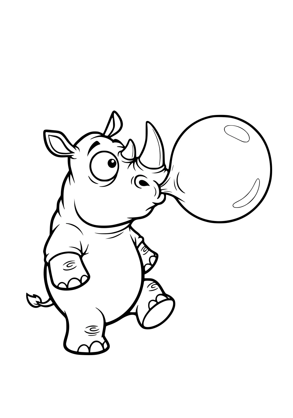 Cartoon rhinoceros with big eyes blowing a large bubble, standing on two legs with a small tail and round body.