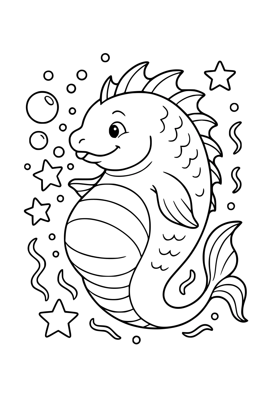 Smiling sea monster with striped belly, spiky back and curling tail, plus bubbles, star shapes, and wavy lines underwater.