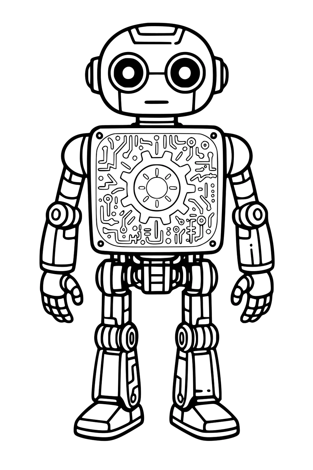 Cartoon robot front view with round eyes, chest circuits and central gear, jointed arms, three-finger hands, and big boots.