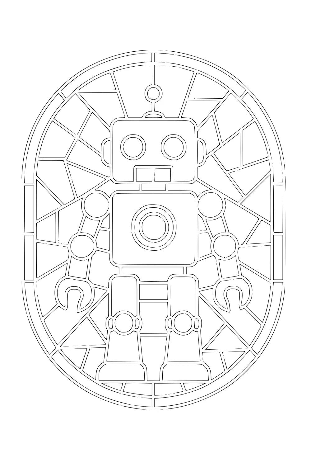 Cartoon robot with antenna, round eyes, claw hands and boots inside an oval mosaic background of geometric panels.