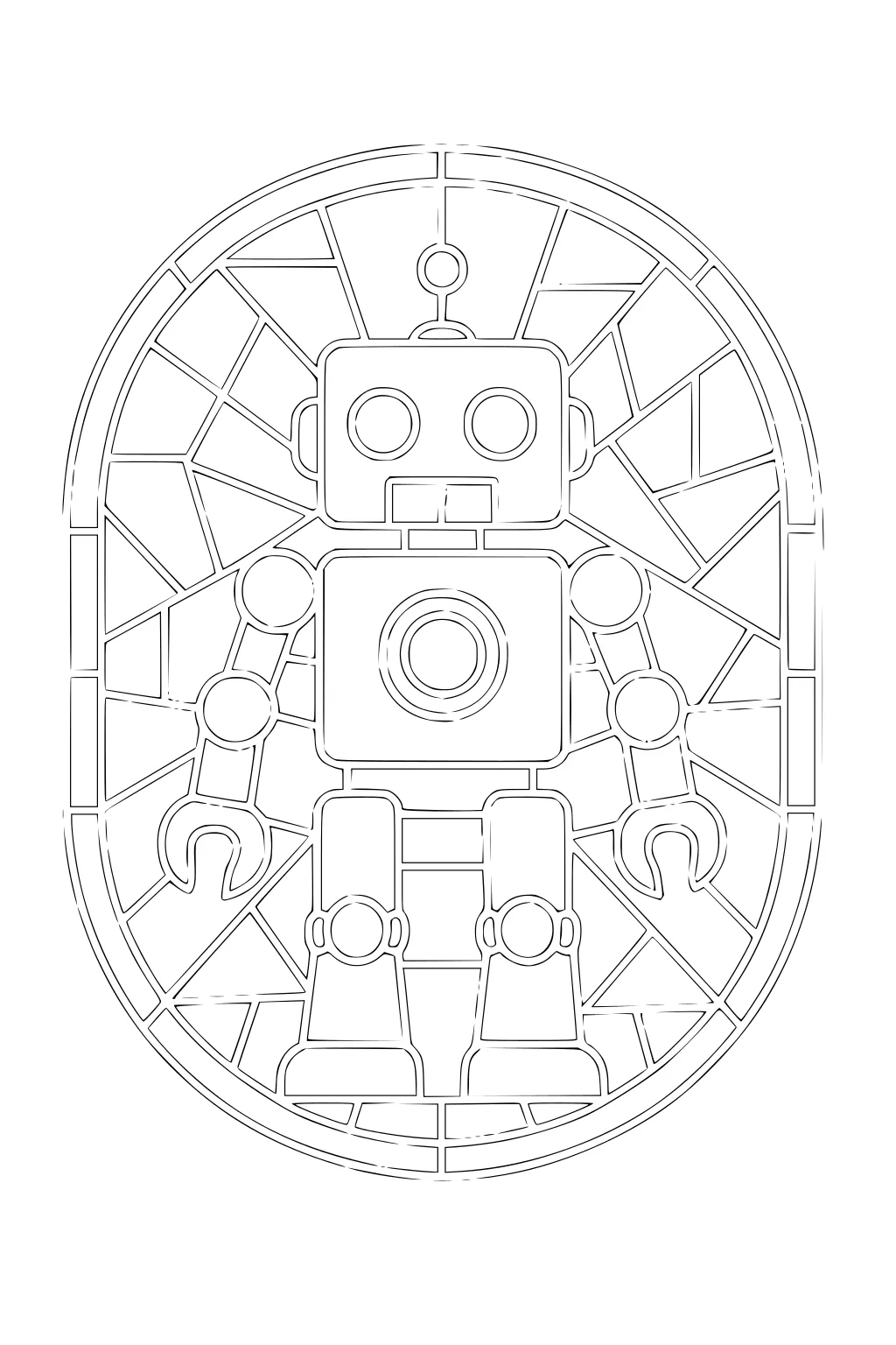 Cartoon robot with antenna, round eyes, claw hands and boots inside an oval mosaic background of geometric panels.