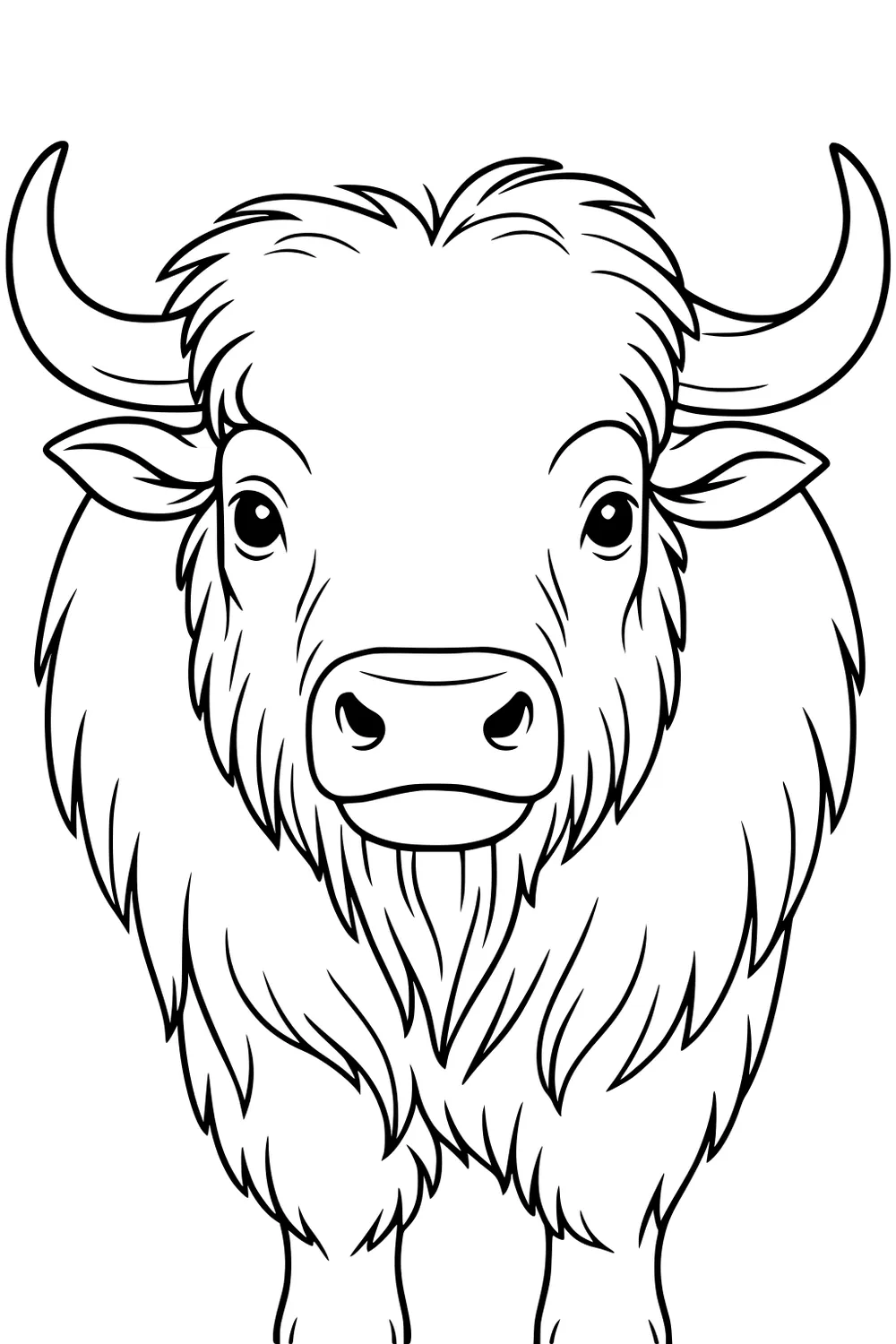 Buffalo with shaggy fur, large horns, big eyes, and a wide snout, looking straight ahead at the viewer.