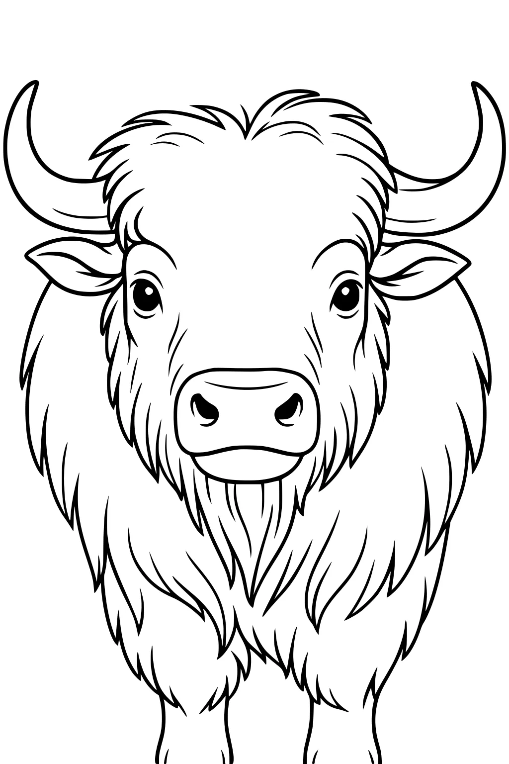 Buffalo with shaggy fur, large horns, big eyes, and a wide snout, looking straight ahead at the viewer.
