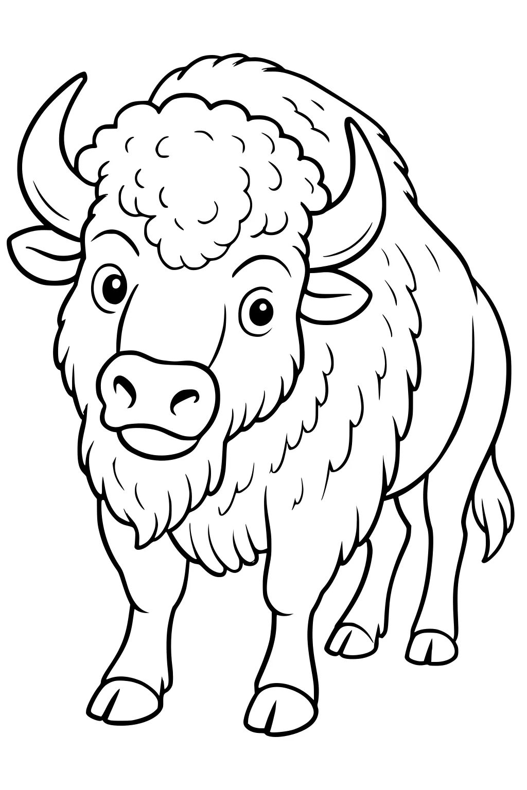 Cartoon buffalo with fluffy head, curved horns, shaggy fur, and big eyes, standing and facing forward.