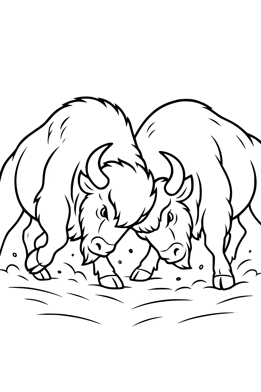 Two buffalo with shaggy heads lock horns on a dirt patch, grass and dust swirling beneath their hooves.