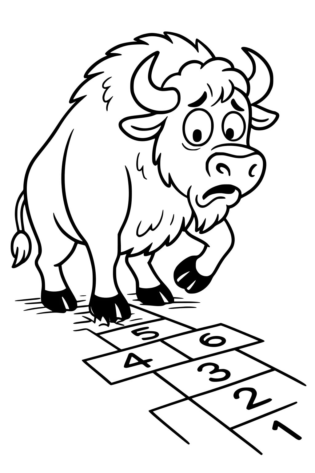 Cartoon bison with big horns stands on a hopscotch grid, raising one hoof and looking nervous.