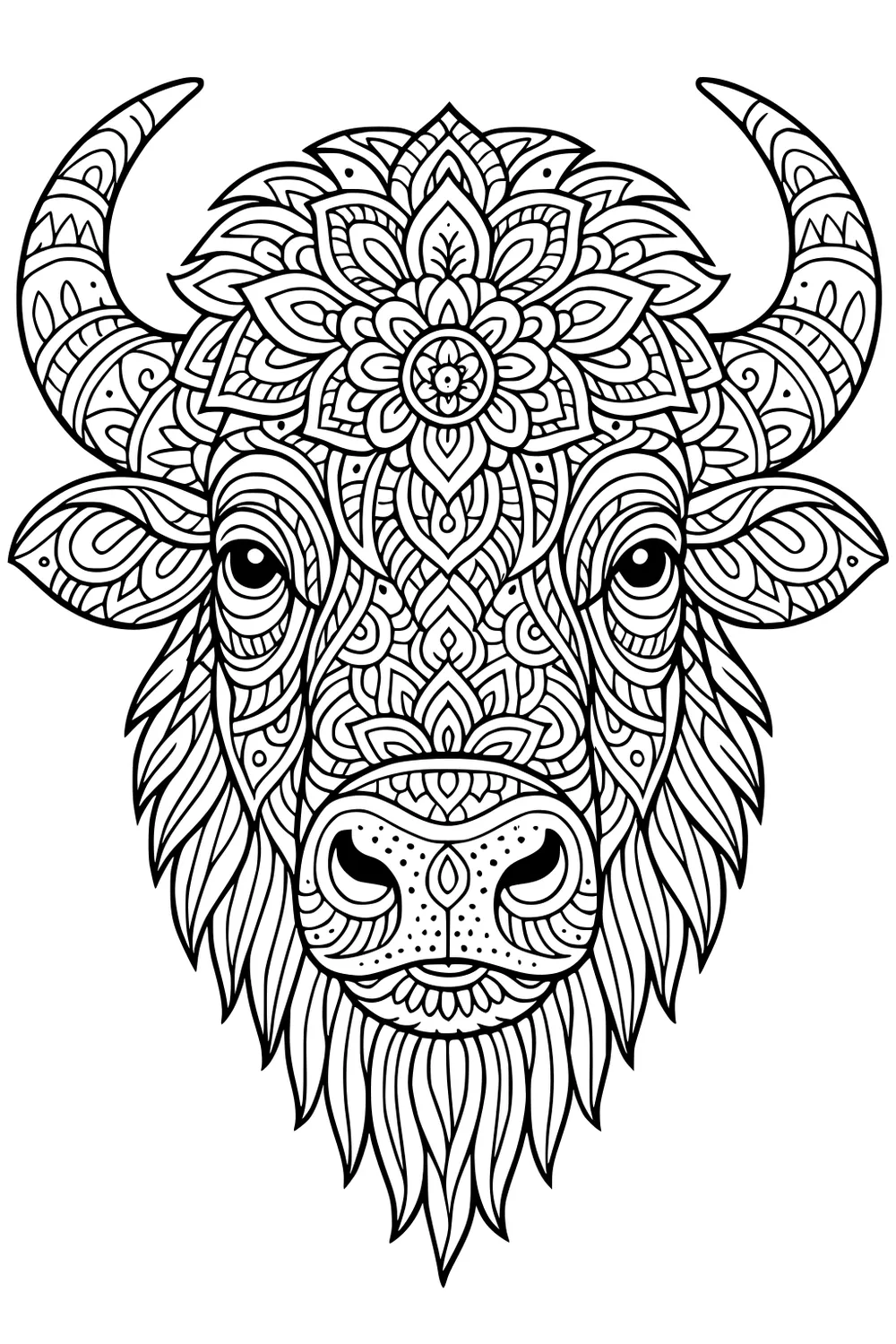Buffalo head with swirling mandala patterns, large curved horns, fluffy beard, and lots of tiny decorated lines.