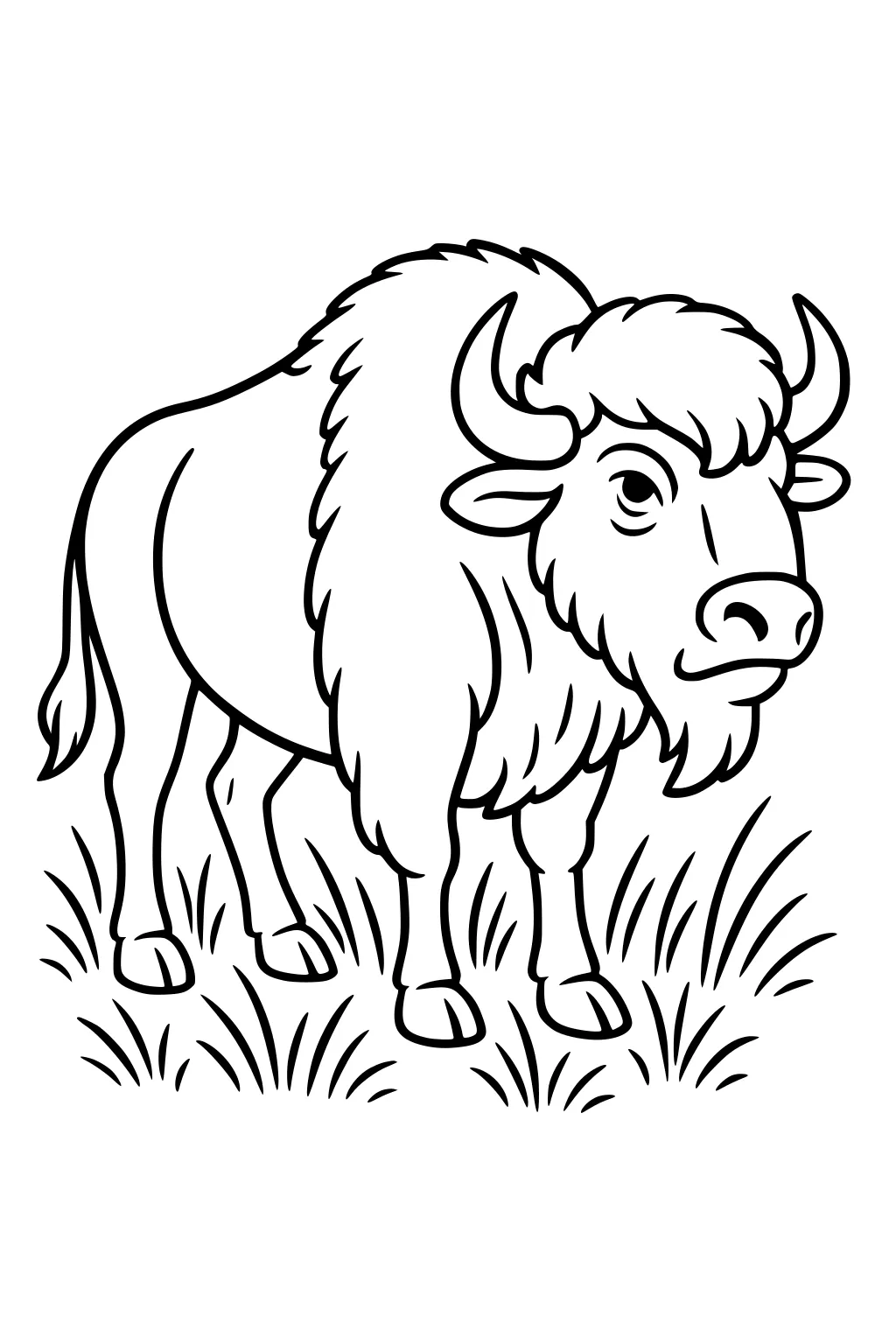 Buffalo with shaggy mane and curved horns standing on grassy ground