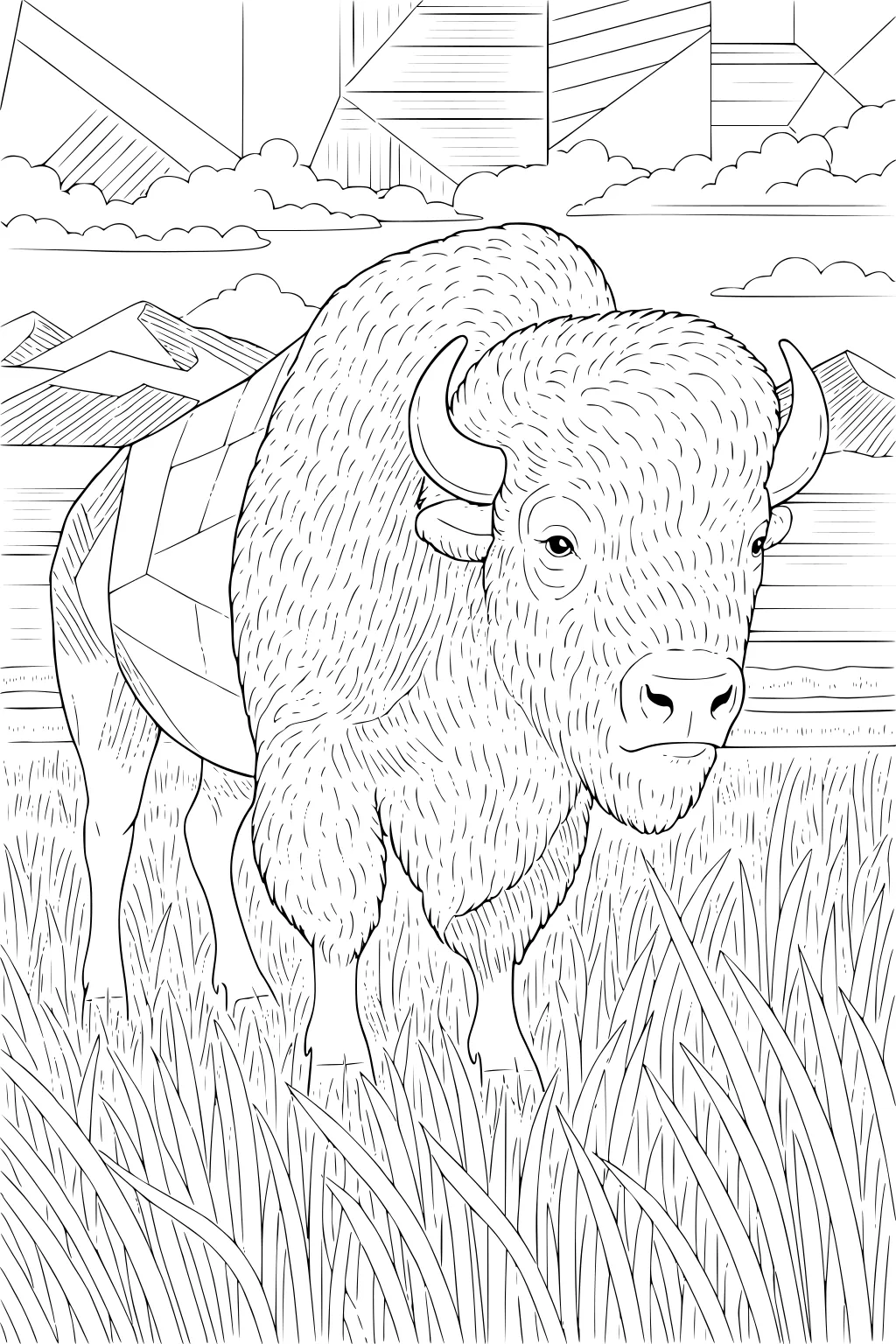 Large bison with shaggy fur and curved horns standing in tall grass. Mountains and geometric shapes fill the background.