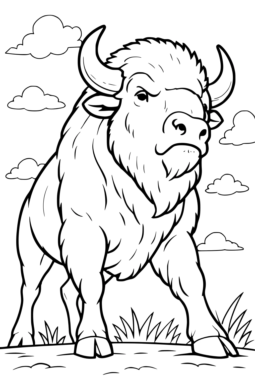 Large bison buffalo with shaggy fur and horns standing on grass with clouds in the sky.