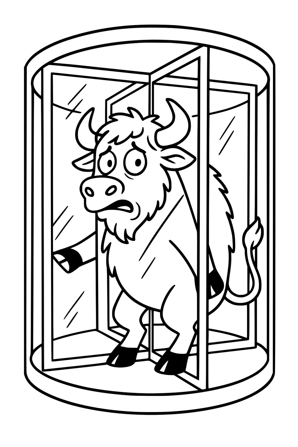 Cartoon buffalo with raised hoof inside a revolving glass door, looking surprised and unsure how to get out.
