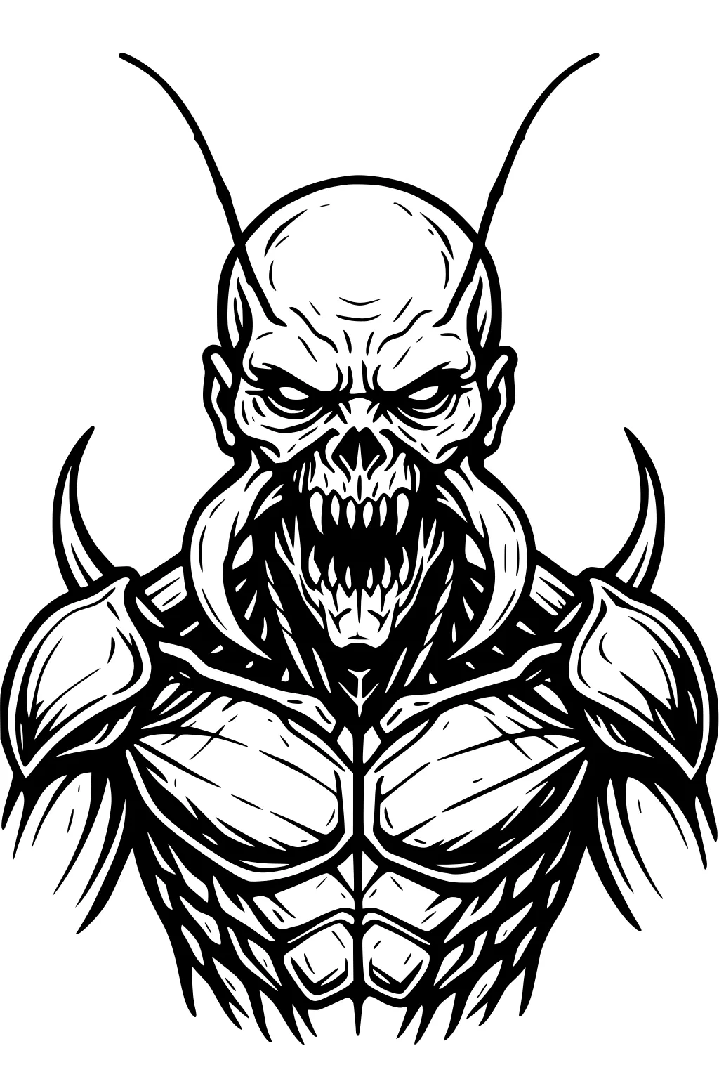 Front view of an armored insect-like monster with fanged grin, long antennae, tusk-like jaws, and spiked shoulders in bold outlines.