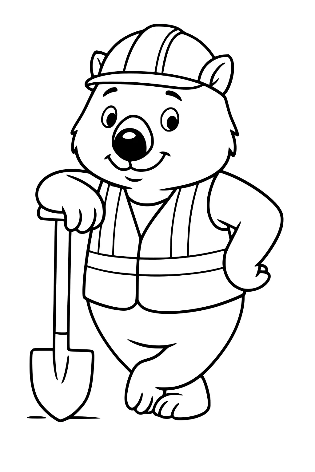 Cartoon wombat builder smiling in hard hat and safety vest, leaning on a shovel with one paw and standing upright.
