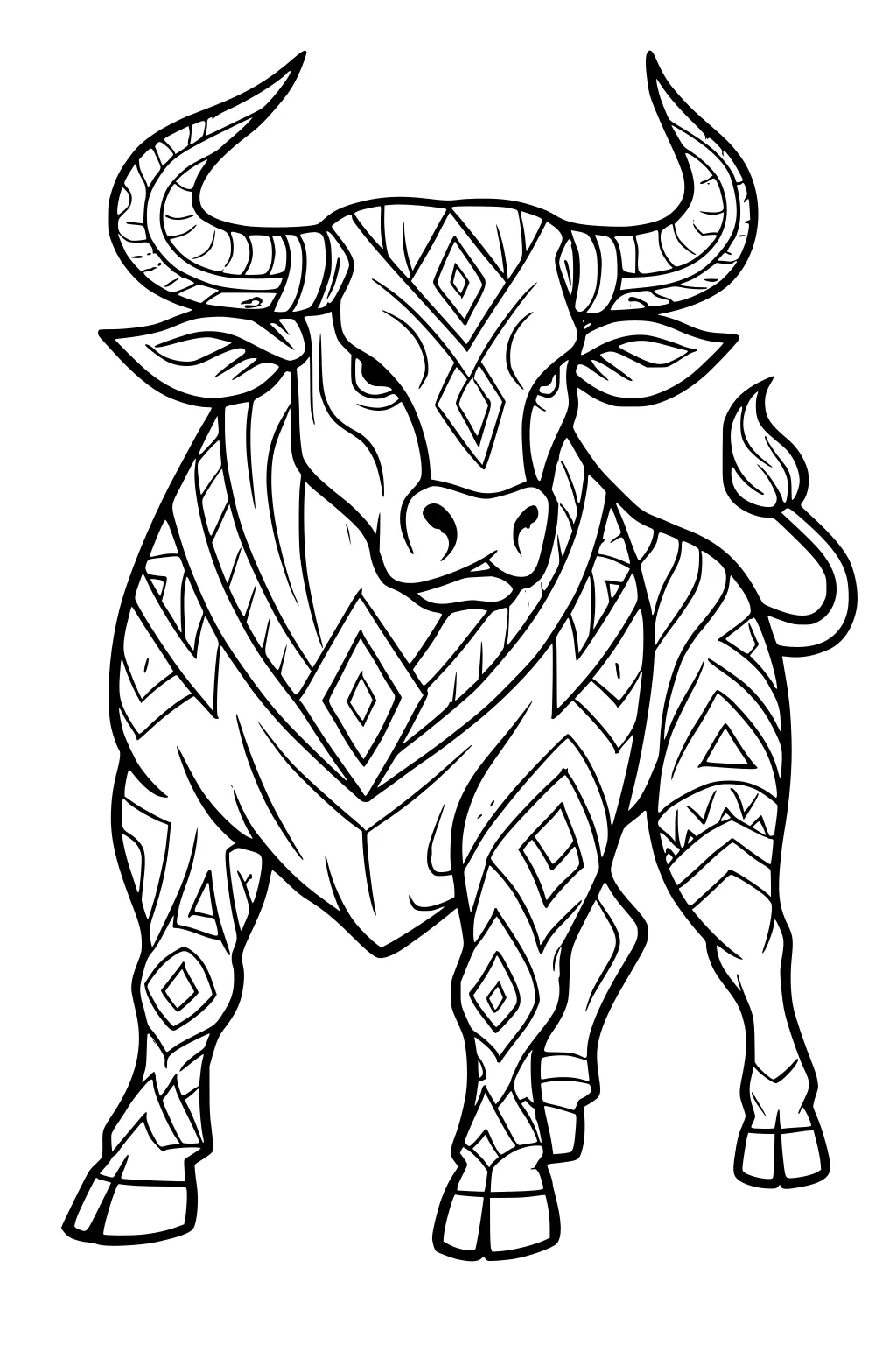 Bull with big curved horns and diamond patterns standing with its tail curled and legs apart.