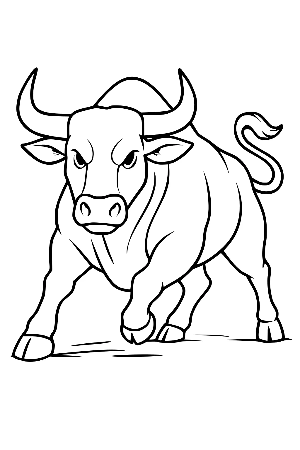 Bull with large horns trotting forward, viewed head-on, ears wide, tail in the air, muscular body outlined in black.