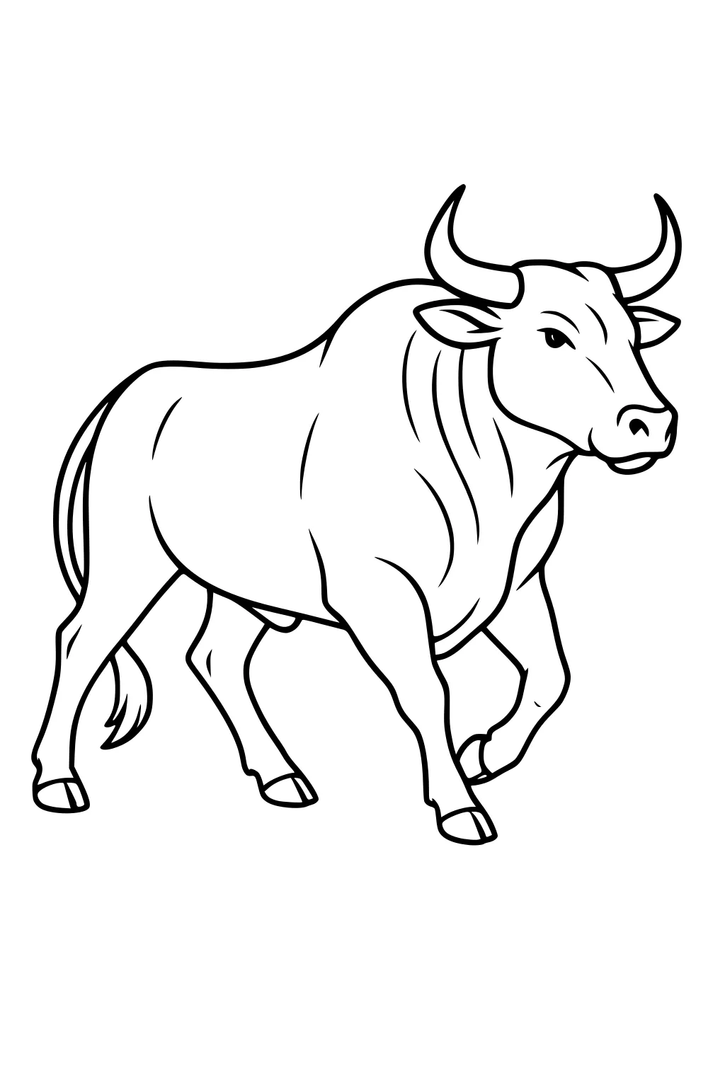 Outlined drawing of a bull with curved horns, walking forward, head turned, tail down, on a blank background.