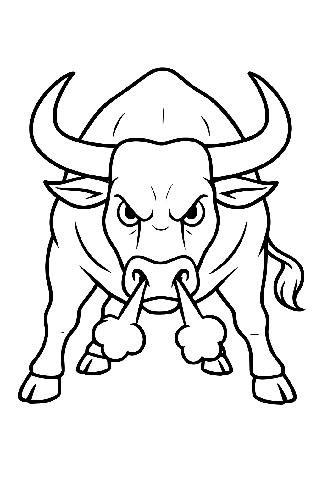 Front view of an angry cartoon bull with horns and steam coming from its nose.