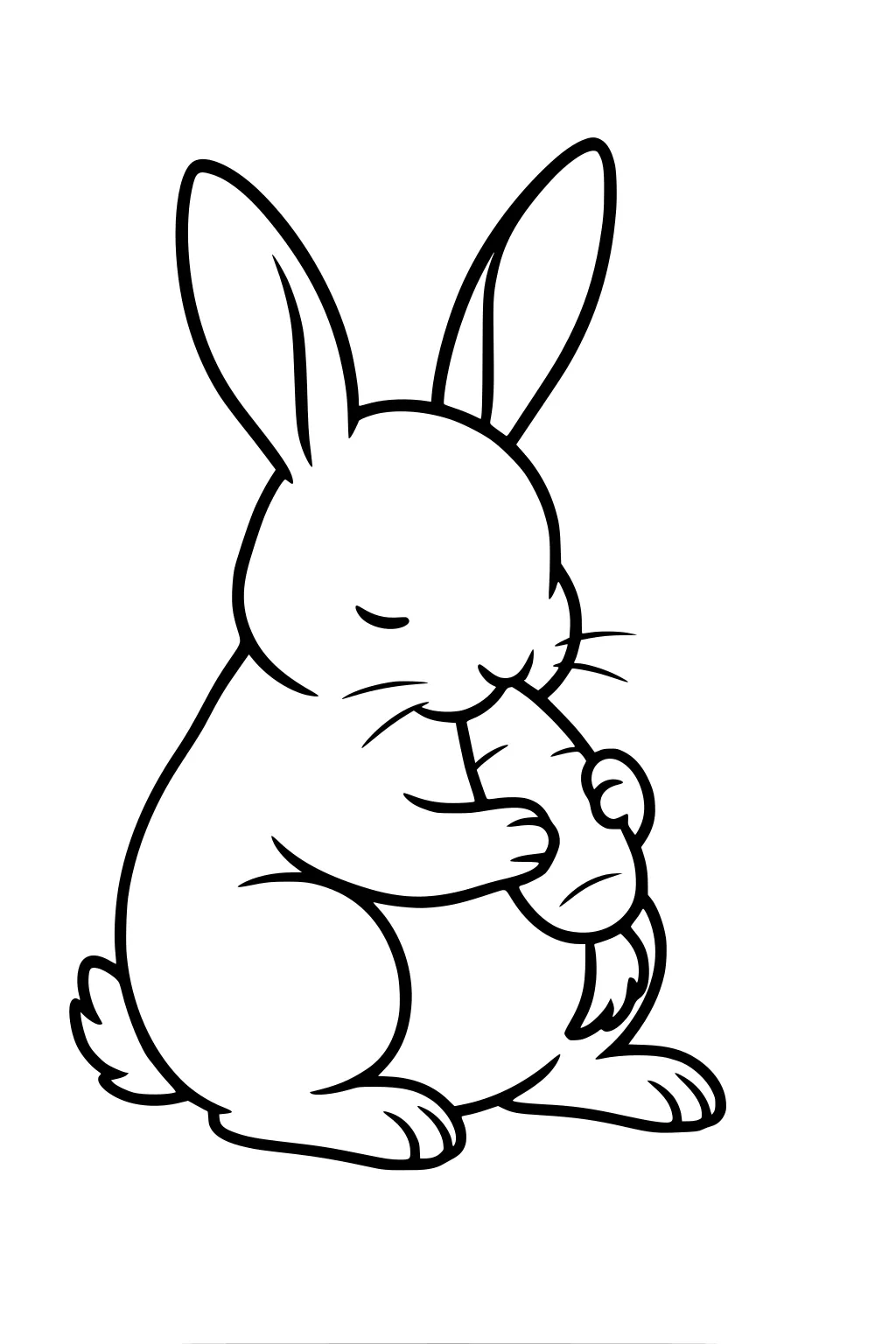 Outline drawing of a rabbit sitting and holding a large carrot with closed eyes and straight ears.