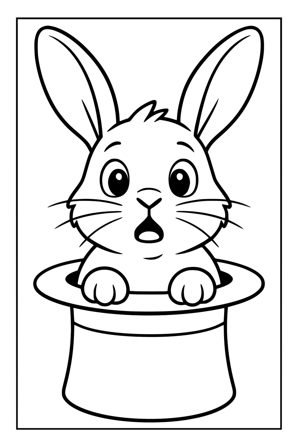Rabbit with wide eyes and ears peeking out of a magician's top hat, paws resting on the hat's brim.