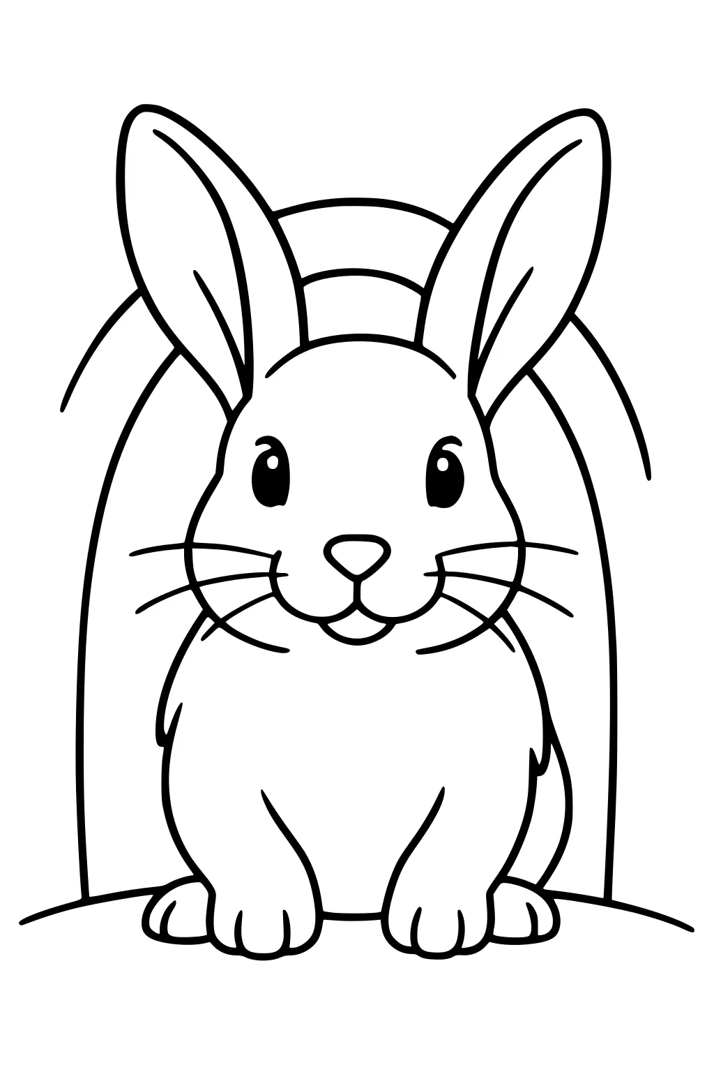 Simple drawing of a rabbit sitting in front of a burrow, with big ears, long whiskers, and its paws visible.