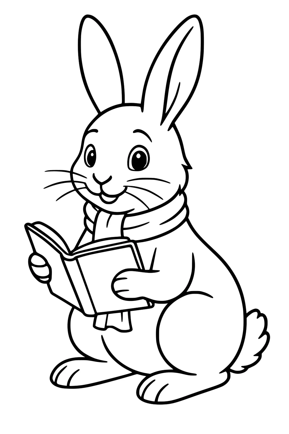 Rabbit with scarf holding an open book and sitting upright, looking cheerful