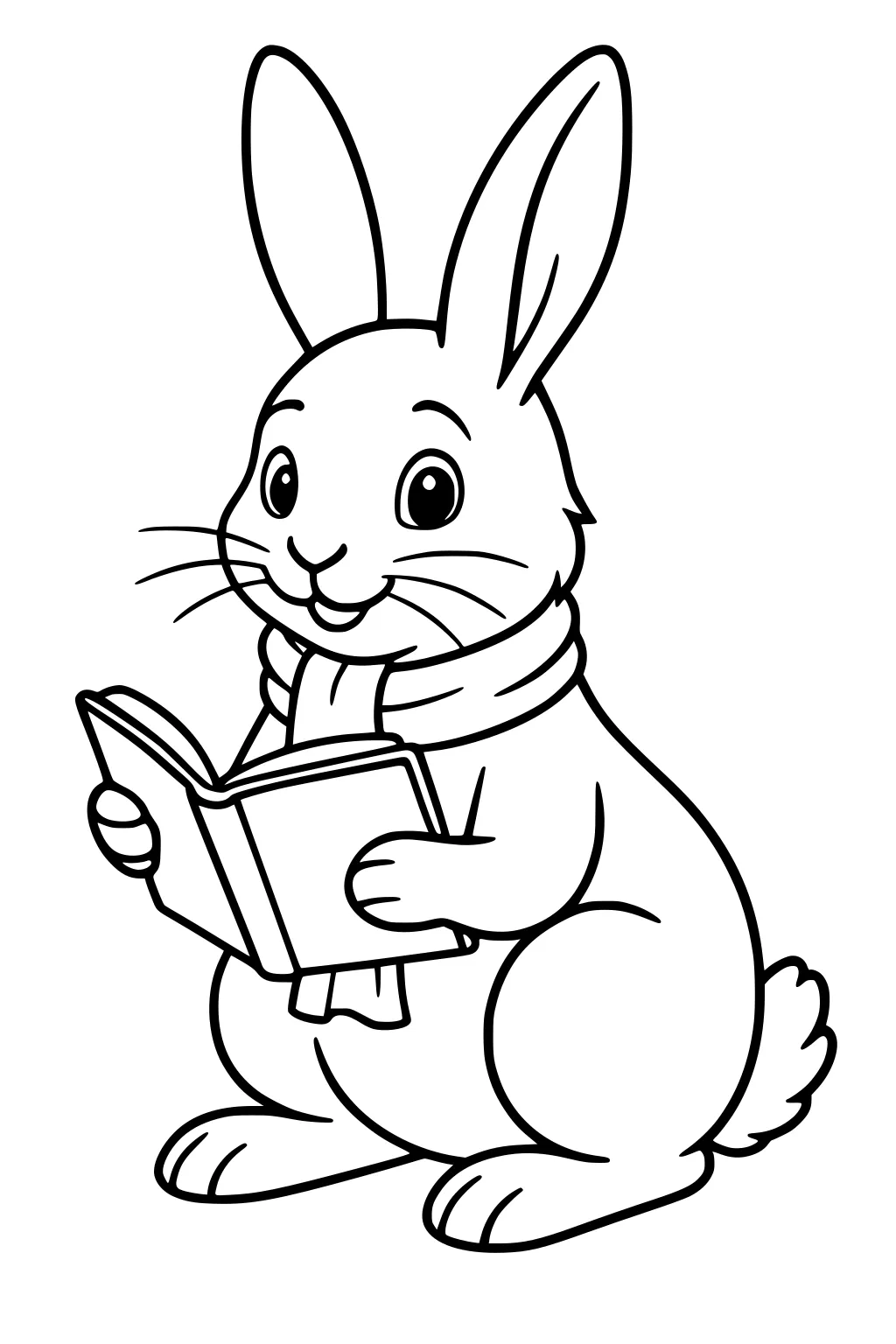 Rabbit with scarf holding an open book and sitting upright, looking cheerful