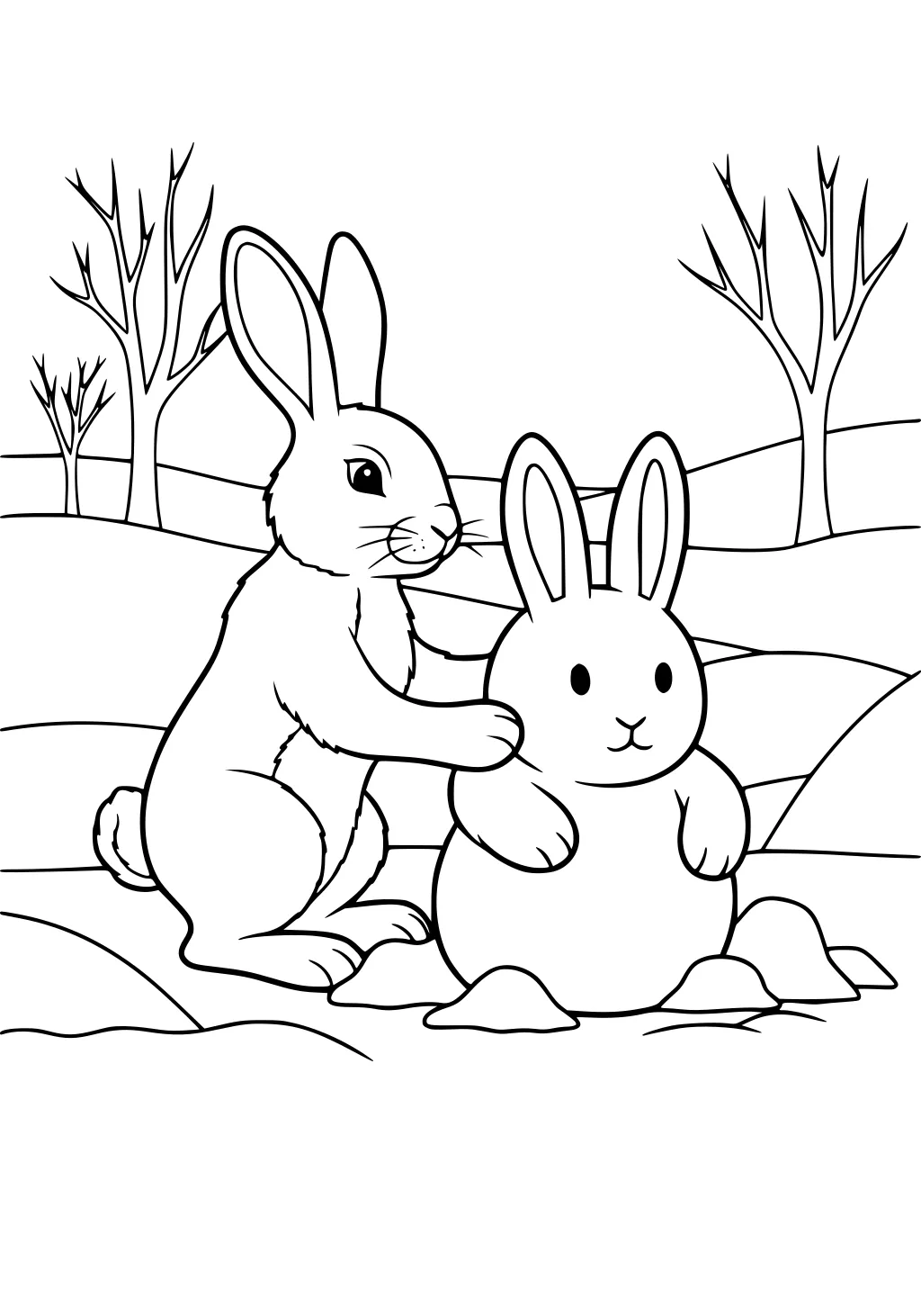 Rabbit shaping a snow bunny in a field with winter trees and rolling hills.