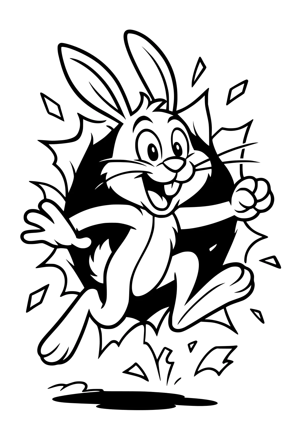 Cartoon rabbit leaps through a torn hole with big ears, wide smile, and paper pieces flying around.